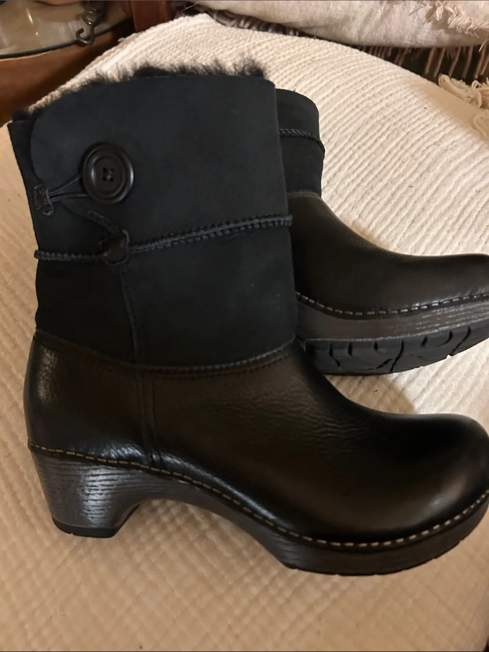 Dansko Black Leather & Suede Button-Accent Winter Boot with genuine sheepskin-l